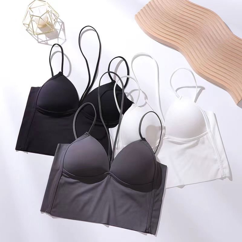 Fashion Streetwear Sleeveless V Neck Vest Halter Spaghetti Strap Casual Built-in Bra Camisoles Cotton Breathable Padded Tube Top