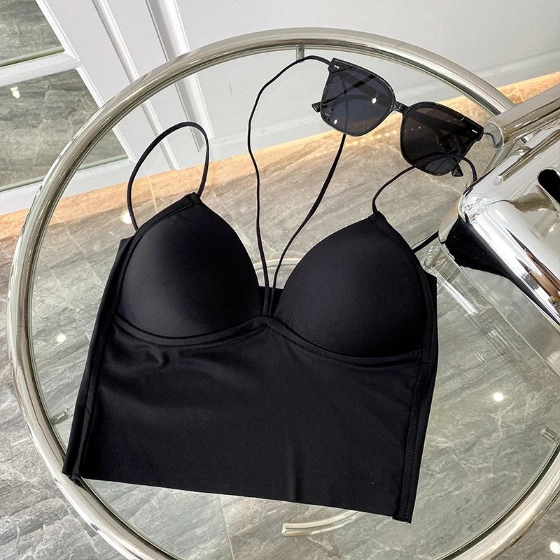 Fashion Streetwear Sleeveless V Neck Vest Halter Spaghetti Strap Casual Built-in Bra Camisoles Cotton Breathable Padded Tube Top