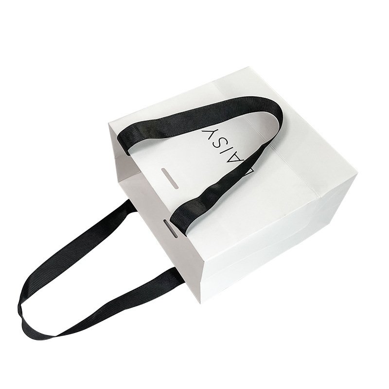 Custom Printed Fancy Logo Black Bow Tie White Cardboard Luxury Gift Jewelry Paper Shopping Bag With Ribbon Handle