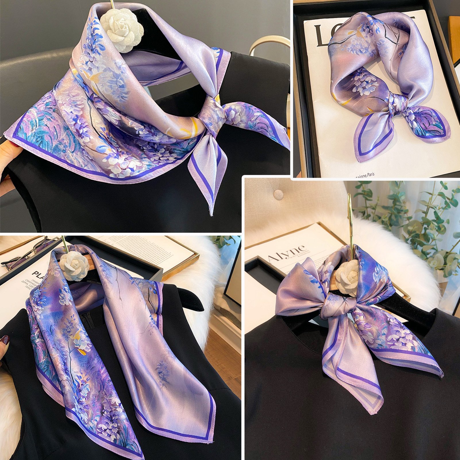 Wholesale newest women fashion flower pattern silk square 53cm neck tie scarf ladies silk hair wrap scarves scarf