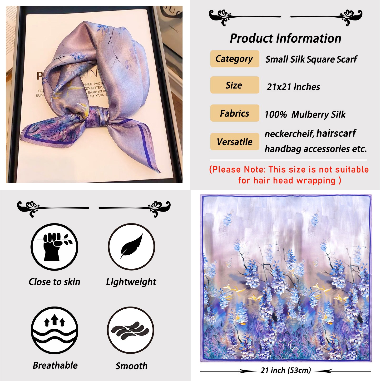 Wholesale newest women fashion flower pattern silk square 53cm neck tie scarf ladies silk hair wrap scarves scarf