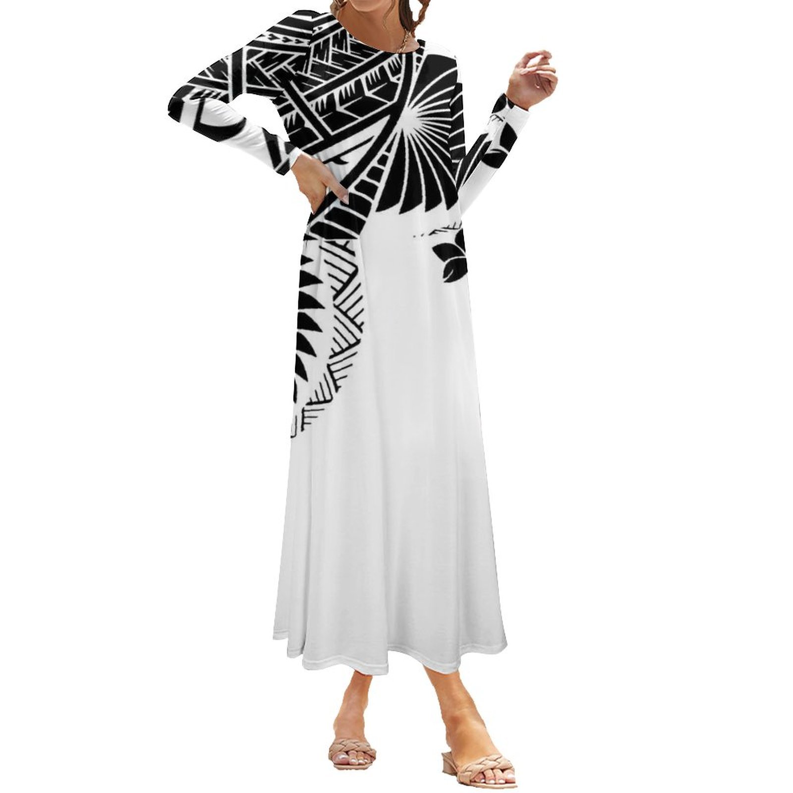 Hot Sale Crew Neck Polynesian Black White Dress Samoa Tribal Print Long Casual Dress Lady Elegant Plus Size Womens Dresses 5XL