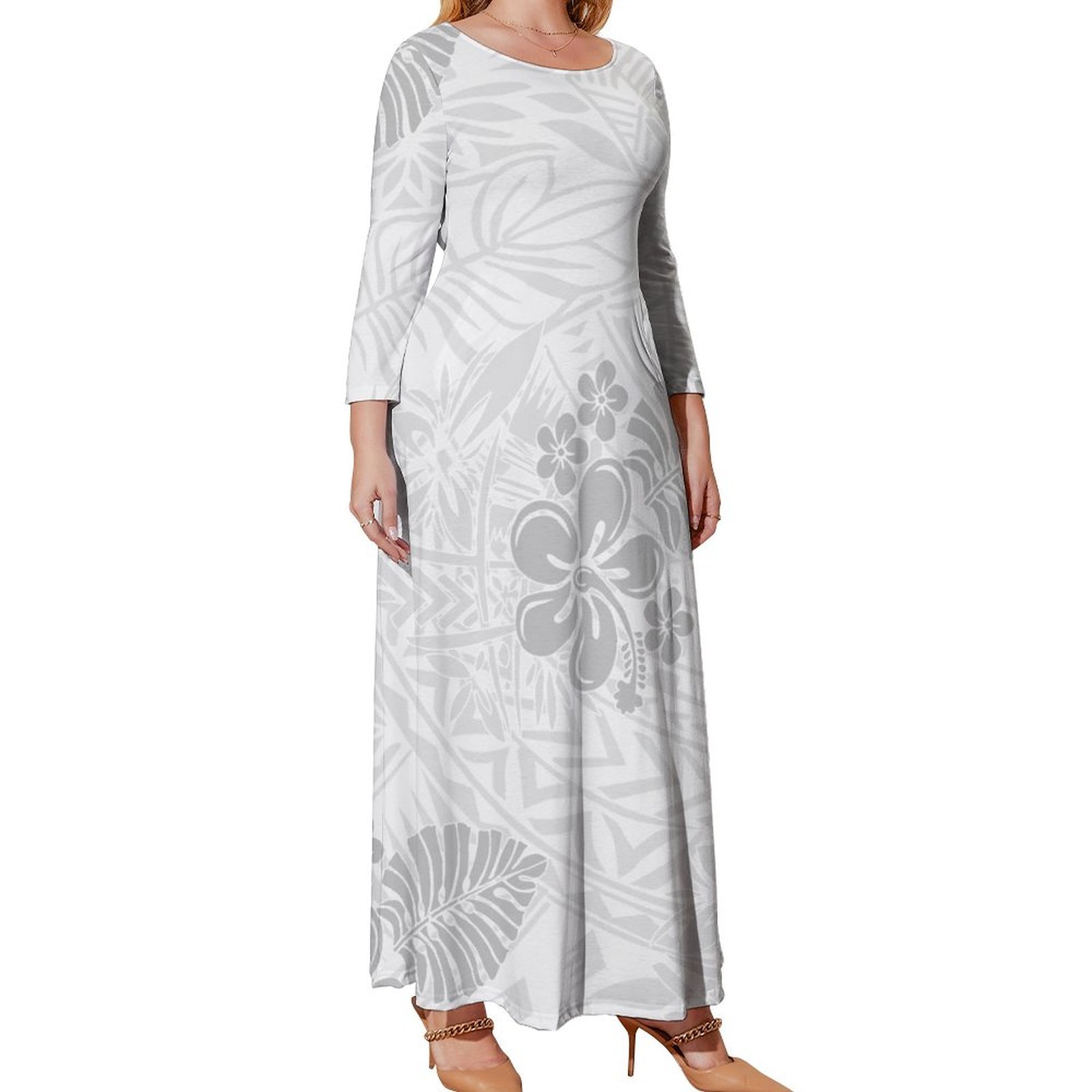 Hot Sale Crew Neck Polynesian Black White Dress Samoa Tribal Print Long Casual Dress Lady Elegant Plus Size Womens Dresses 5XL