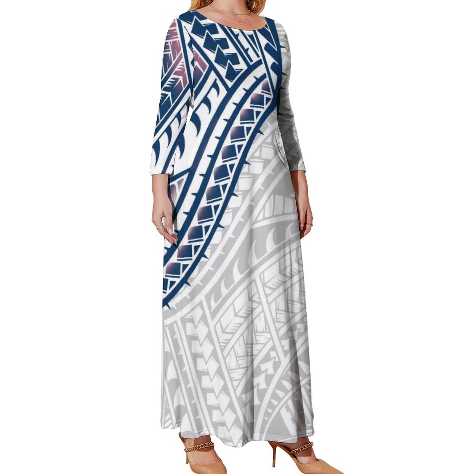 Hot Sale Crew Neck Polynesian Black White Dress Samoa Tribal Print Long Casual Dress Lady Elegant Plus Size Womens Dresses 5XL