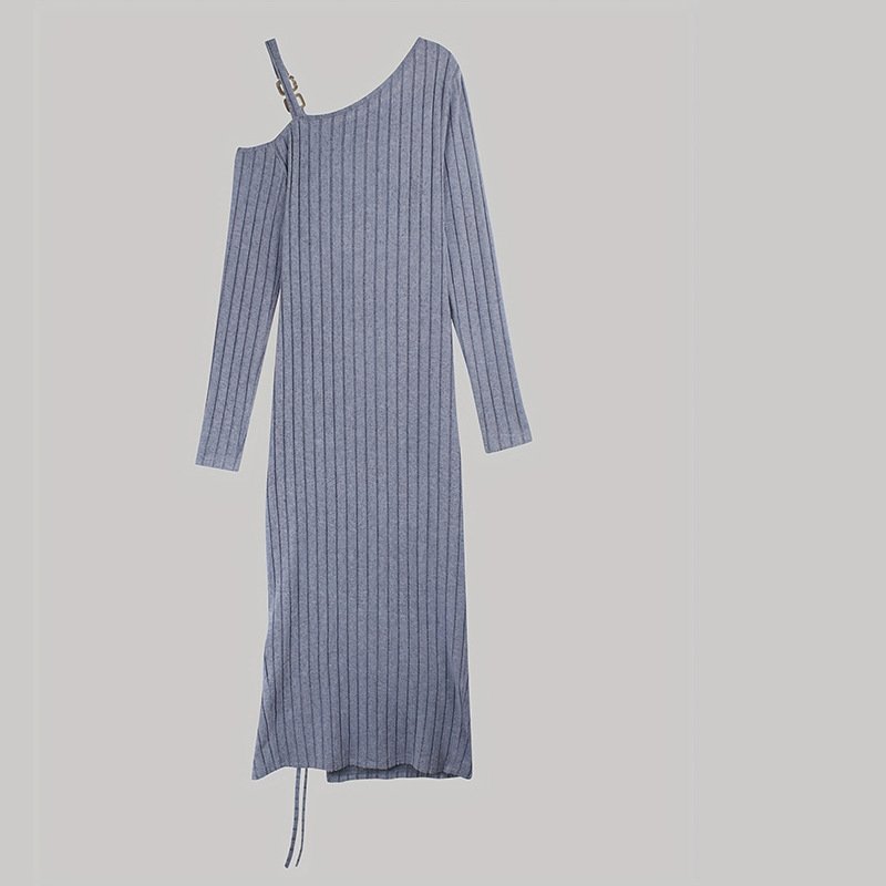 Wholesale Cross Border Slant Neck Strapless Sexy Hip Dress Slim Slit Tie Long Sleeve Dresses