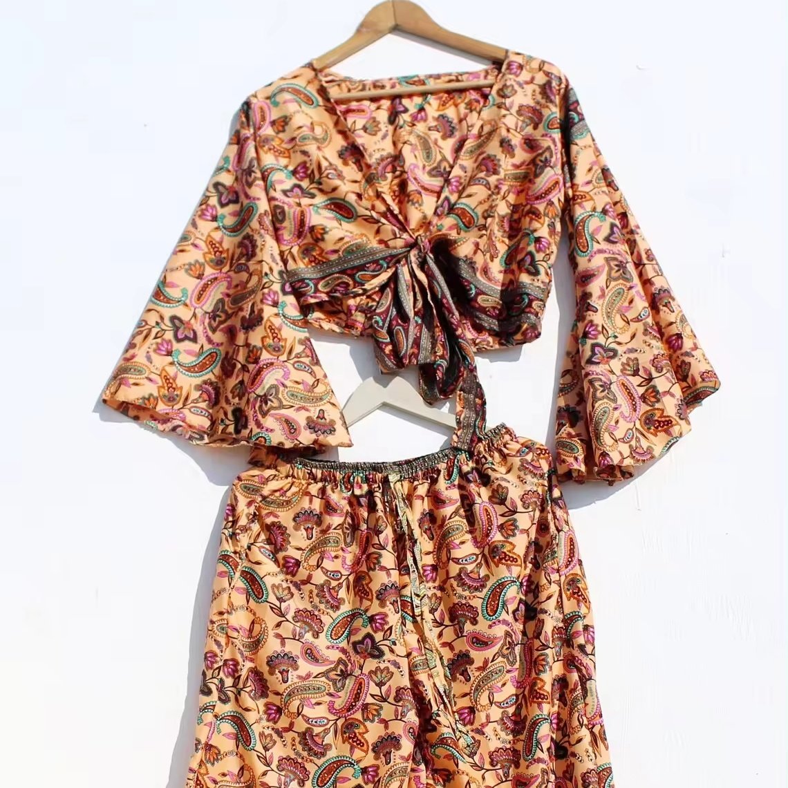 New Arrival Bell Sleeve Crop Top With Palazzo Pant Floral Printed Handmade Silk Tie Top For Women