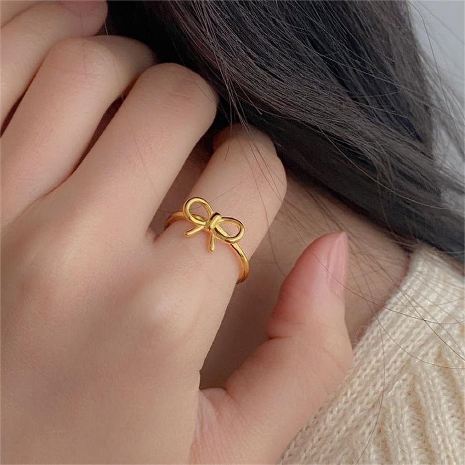 925 sterling silver dainty 18k gold plated bow tie ring butterfly bow knot rope twisted thin band ring