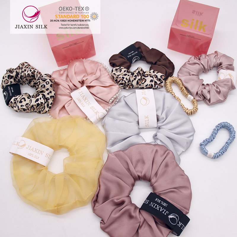 Low price large custom elastic 100% silk scruchies designer hair ties with box