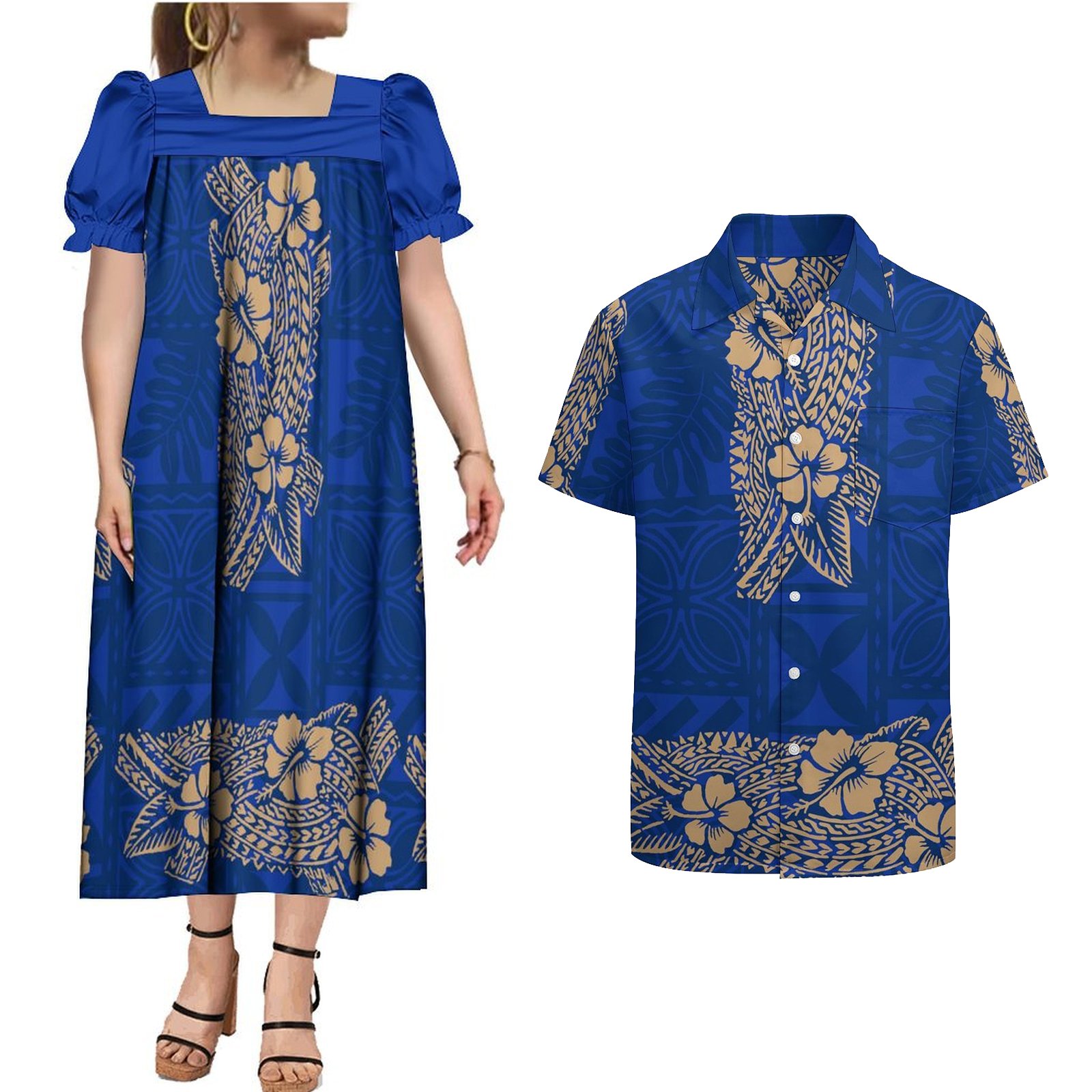 New Design Custom Polynesian Tribal Printed Couple Clothes Micronesia Mumu Matching Mens Shirts Aloha Couple Two Piece Sets 2Pcs
