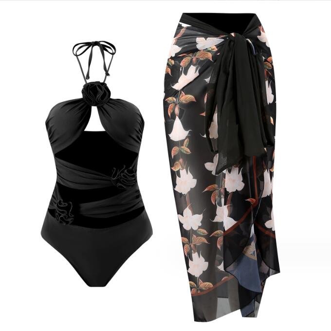 STOCK 4Colors Flower Details Designer Two Pieces Swimsuit Cut Out One Piece Swimwear Beach Sarong CoverUp