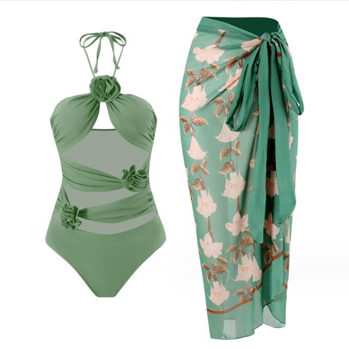 STOCK 4Colors Flower Details Designer Two Pieces Swimsuit Cut Out One Piece Swimwear Beach Sarong CoverUp