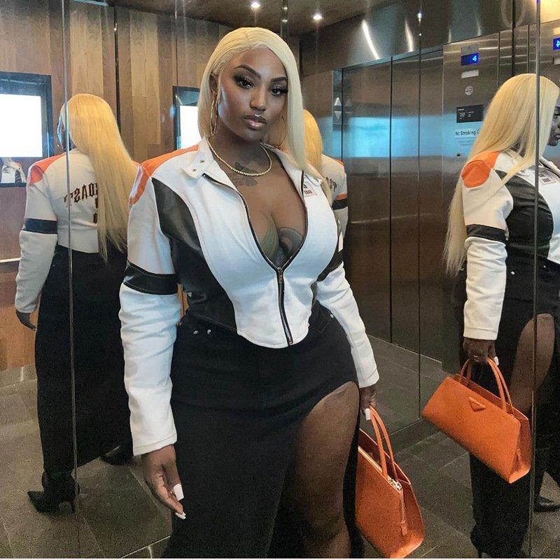 X16075C women Fashion Chic Vintage Contrast color zipper front buckle detail PU leather Moto Fall jacket