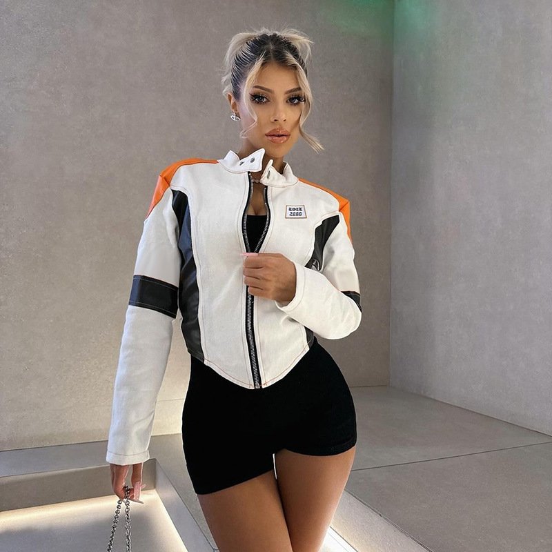 X16075C women Fashion Chic Vintage Contrast color zipper front buckle detail PU leather Moto Fall jacket