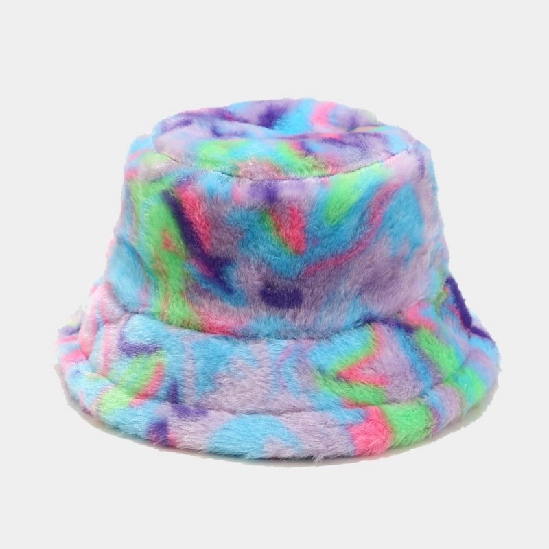 Autumn and winter hat Plush Rainbow Tie-dye Gradient Faux Fur Warm Bucket Hat Fuzzy Winter Fisherman Cap