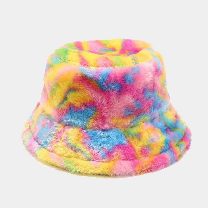Autumn and winter hat Plush Rainbow Tie-dye Gradient Faux Fur Warm Bucket Hat Fuzzy Winter Fisherman Cap