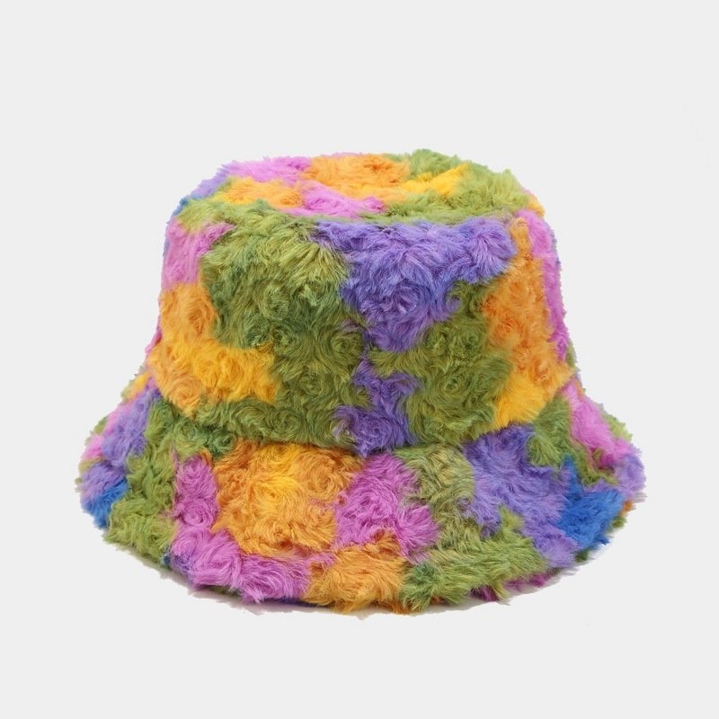 Autumn and winter hat Plush Rainbow Tie-dye Gradient Faux Fur Warm Bucket Hat Fuzzy Winter Fisherman Cap