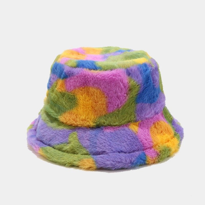 Autumn and winter hat Plush Rainbow Tie-dye Gradient Faux Fur Warm Bucket Hat Fuzzy Winter Fisherman Cap