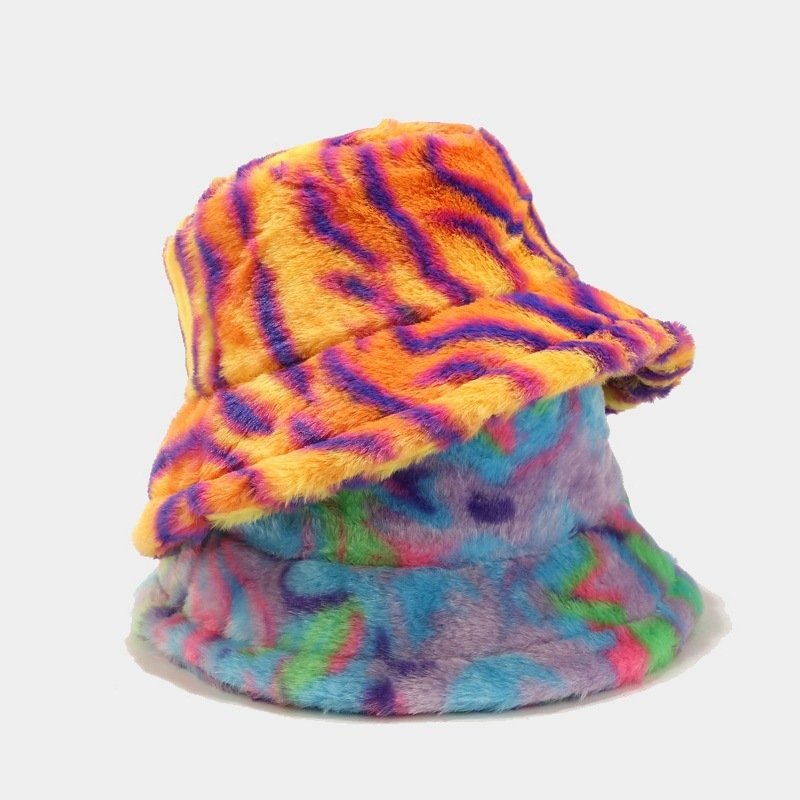 Autumn and winter hat Plush Rainbow Tie-dye Gradient Faux Fur Warm Bucket Hat Fuzzy Winter Fisherman Cap