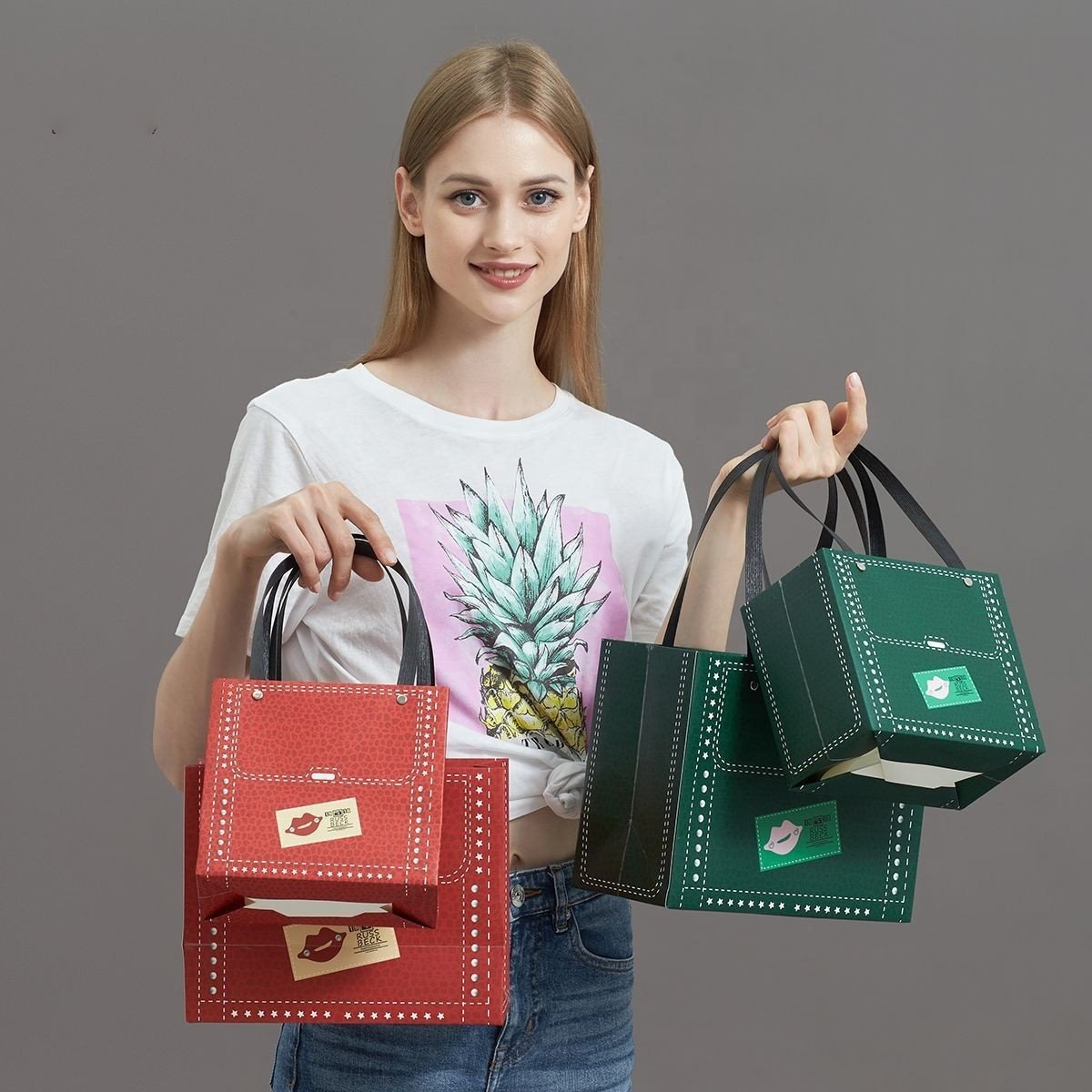 Custom colors print paper gift bag china carpet shopping packing bags with custom logos rivet handle