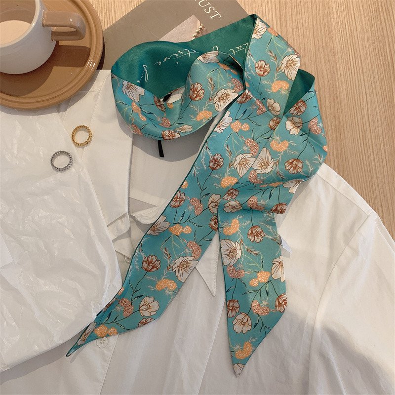 Women New Silk Skinny Scarf Headscarf Fashion Luxury Xiaoxiangfeng Camellia Print Small Hair Scarves Band Lady Decorative