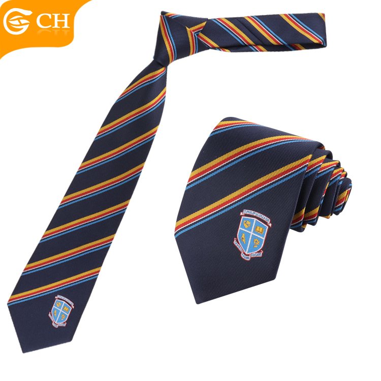 Custom Designer OEM Logo Necktie Badges Jacquard College School Polyester Tie Multi-color Woven Strip Silk Ties