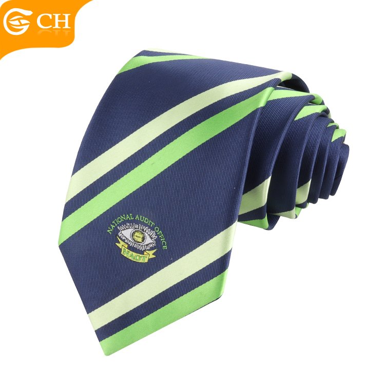 Custom Designer OEM Logo Necktie Badges Jacquard College School Polyester Tie Multi-color Woven Strip Silk Ties