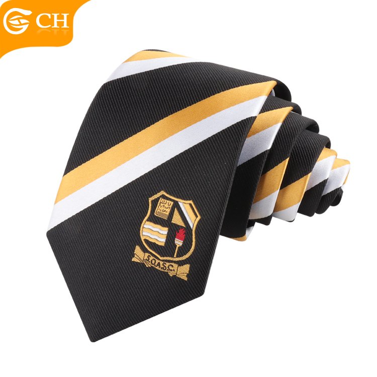 Custom Designer OEM Logo Necktie Badges Jacquard College School Polyester Tie Multi-color Woven Strip Silk Ties
