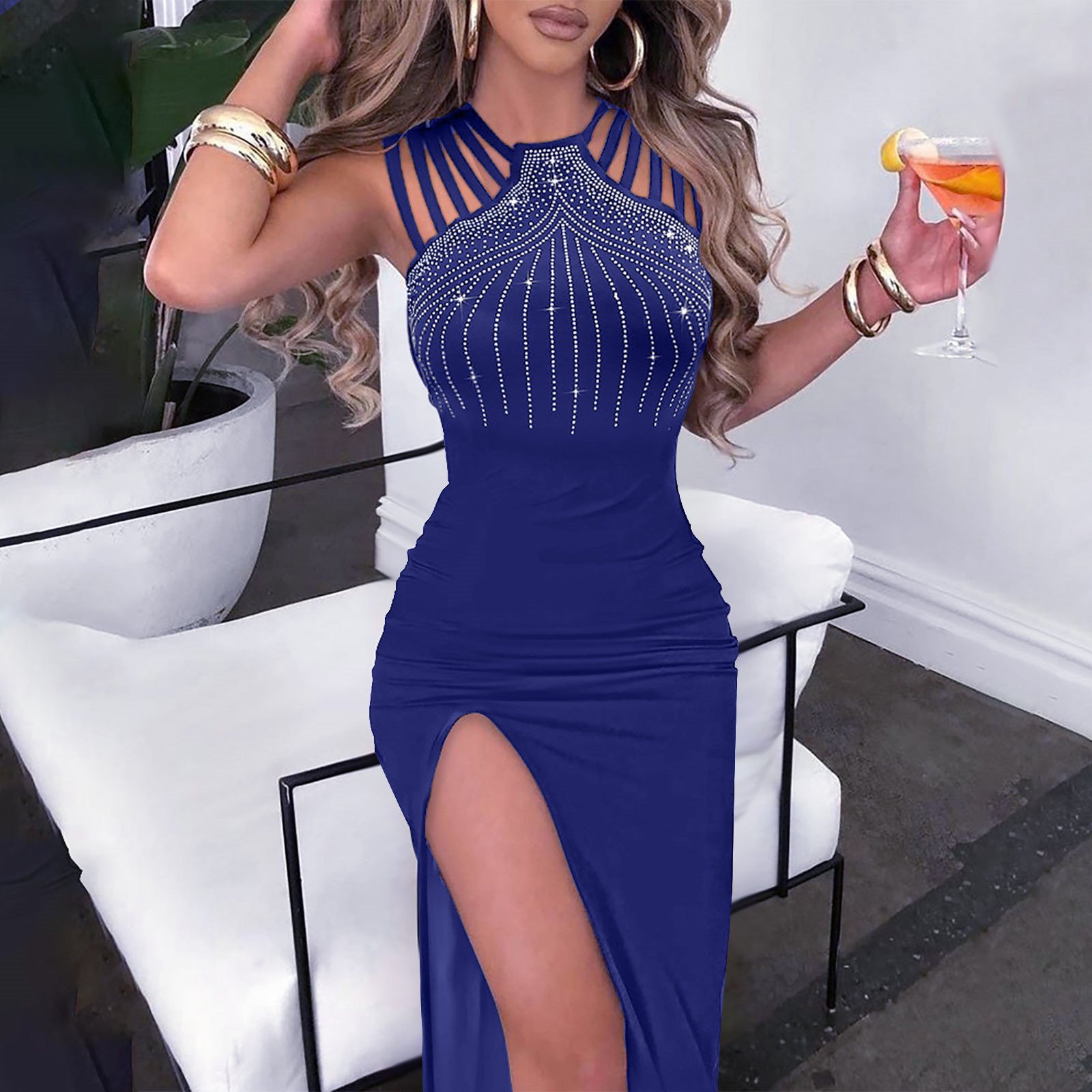 Plus Size Formal Sexy Clothing Women's Temperament Hot Diamond Split Wrap Hip Dress Evening Party Dress