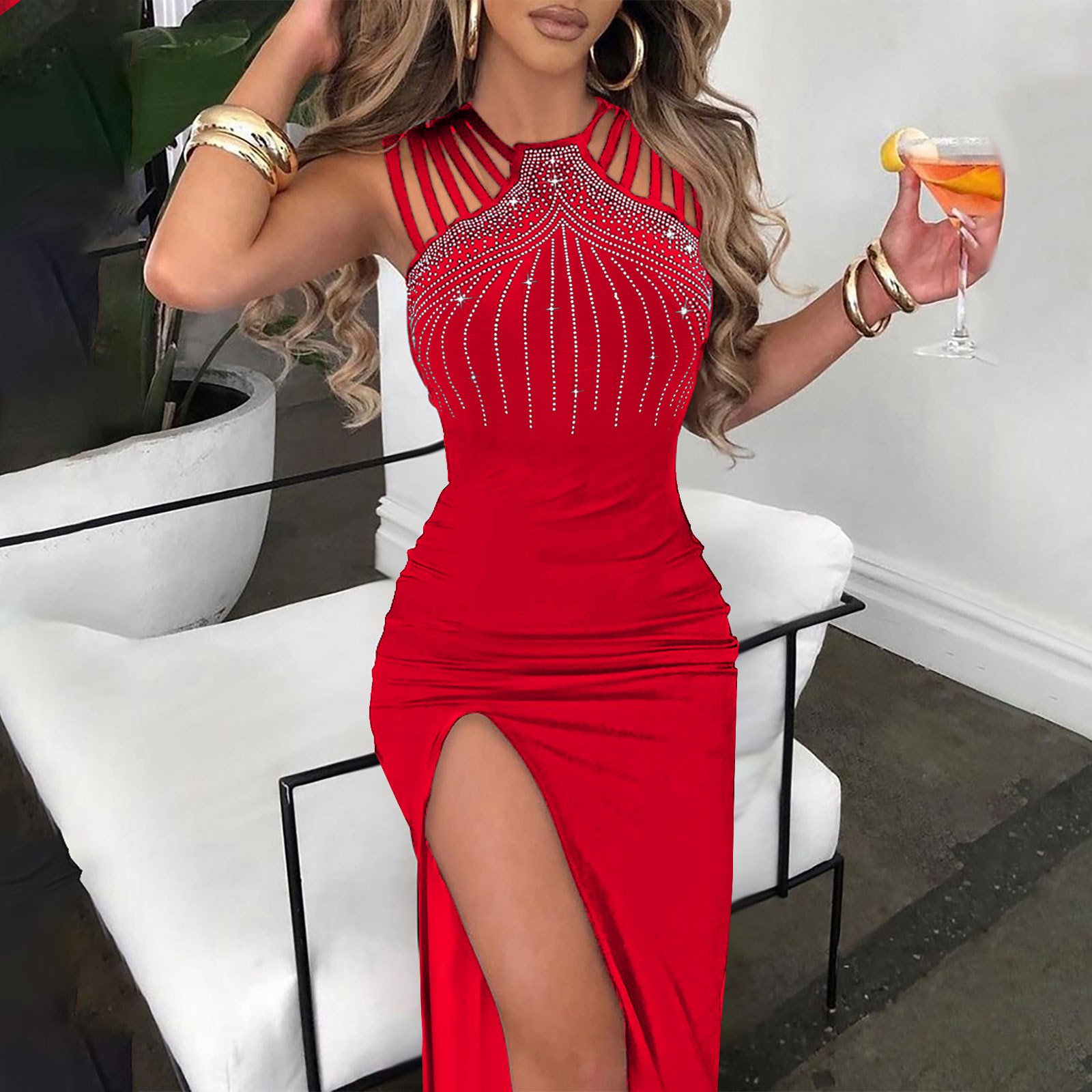 Plus Size Formal Sexy Clothing Women's Temperament Hot Diamond Split Wrap Hip Dress Evening Party Dress