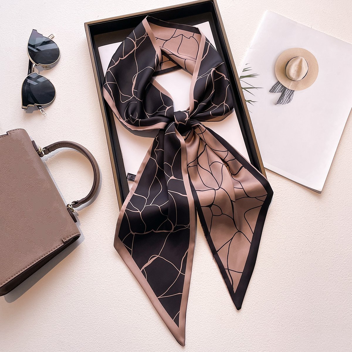 Wholesale In Stock WJ1067C Luxury Printed Summer Twill Bag Scarf Silk Satin Narrow Long 145cm Neck Hair Ties Skinny Silk Scarf