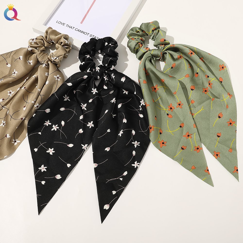 QIYUE Hot Sale Charm Hair Ties Elastic Hair Bands Fashion Tropical Floral Scrunchie With Scarf
