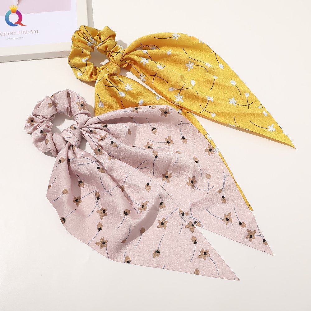 QIYUE Hot Sale Charm Hair Ties Elastic Hair Bands Fashion Tropical Floral Scrunchie With Scarf