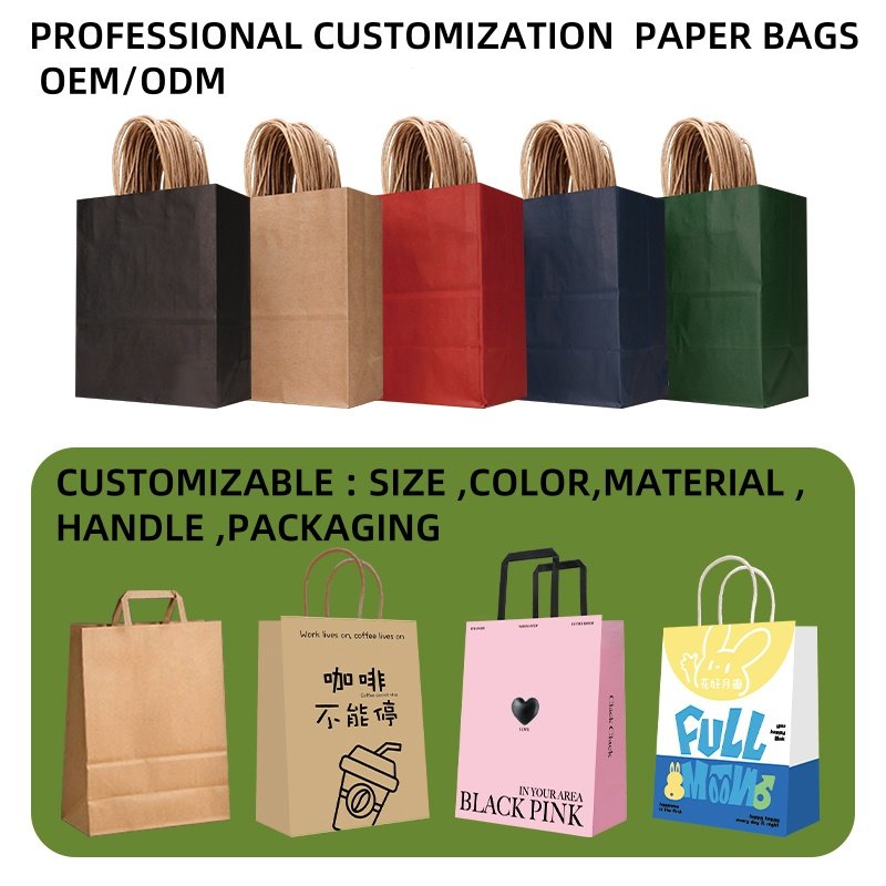 Custom Eco-Friendly White Kraft Paper Bag with Handle Food Delivery Restaurant Takeout Customizable Logo Printing