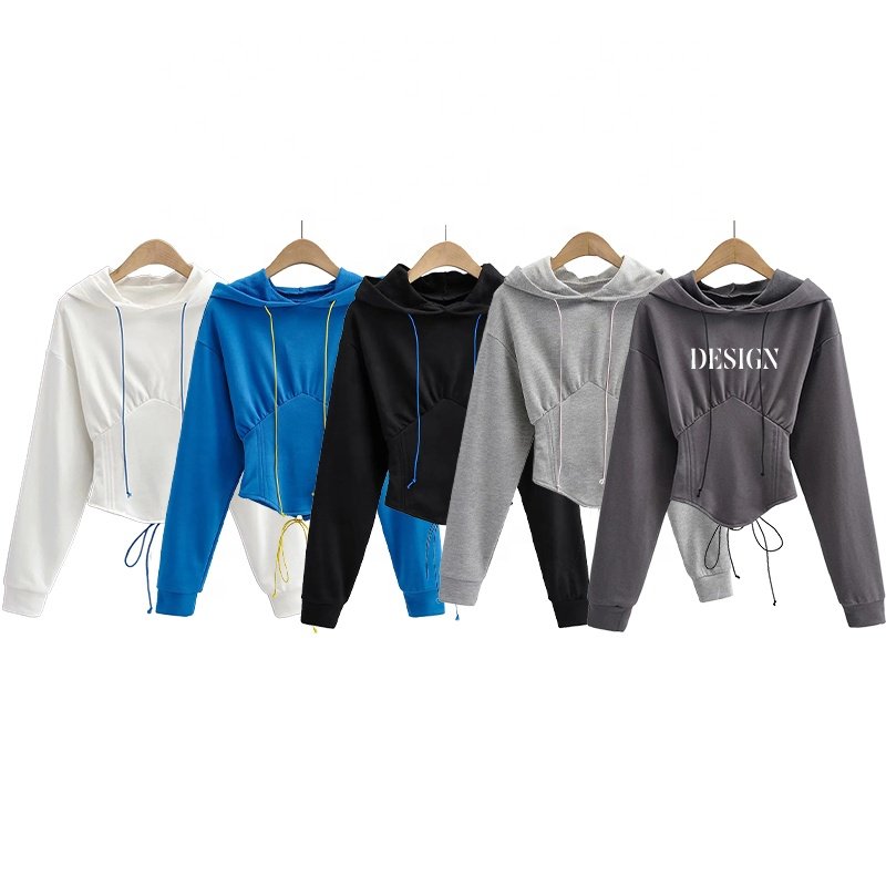 Ladies trend hoodies rubber band tied rope waist sweater INS European and American style fishbone elastic waist can be customize