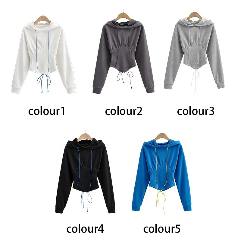 Ladies trend hoodies rubber band tied rope waist sweater INS European and American style fishbone elastic waist can be customize