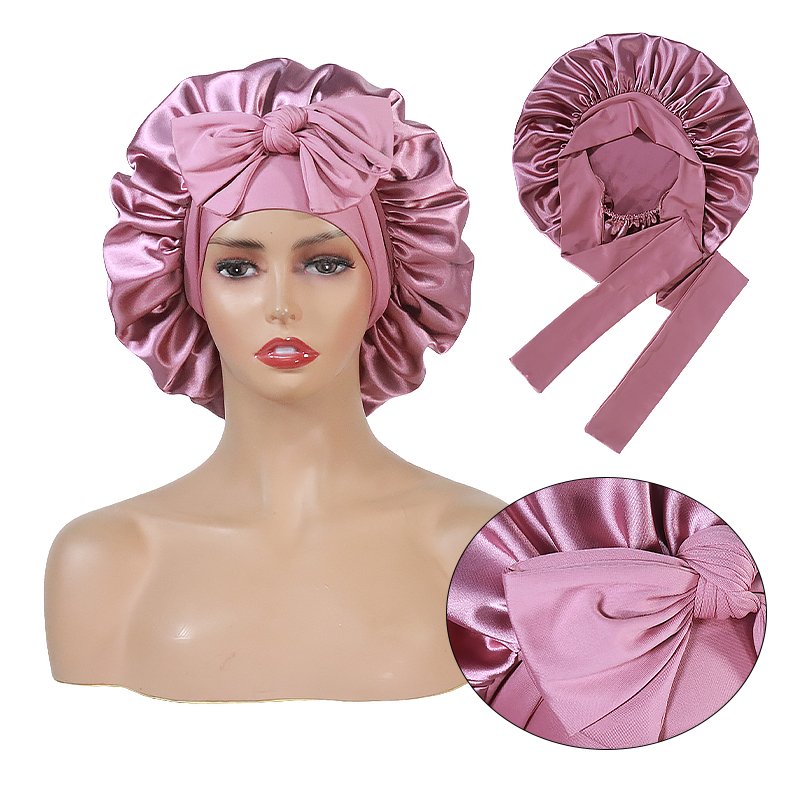BONNET QUEEN Silk Bonnet for Sleeping Women Satin Bonnet Large Night Sleep Cap Scarf Wrap For Curly Hair With Tie Band Pink