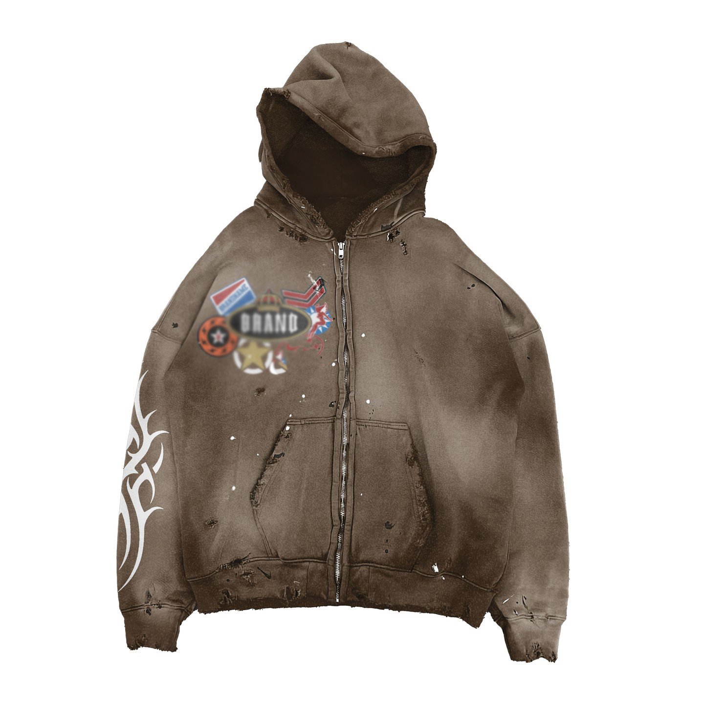 thermal Custom zip up 420 gsm boxy fit raw hem oversize sun faded hoodie distressed embroidery acid wash mens hoodies