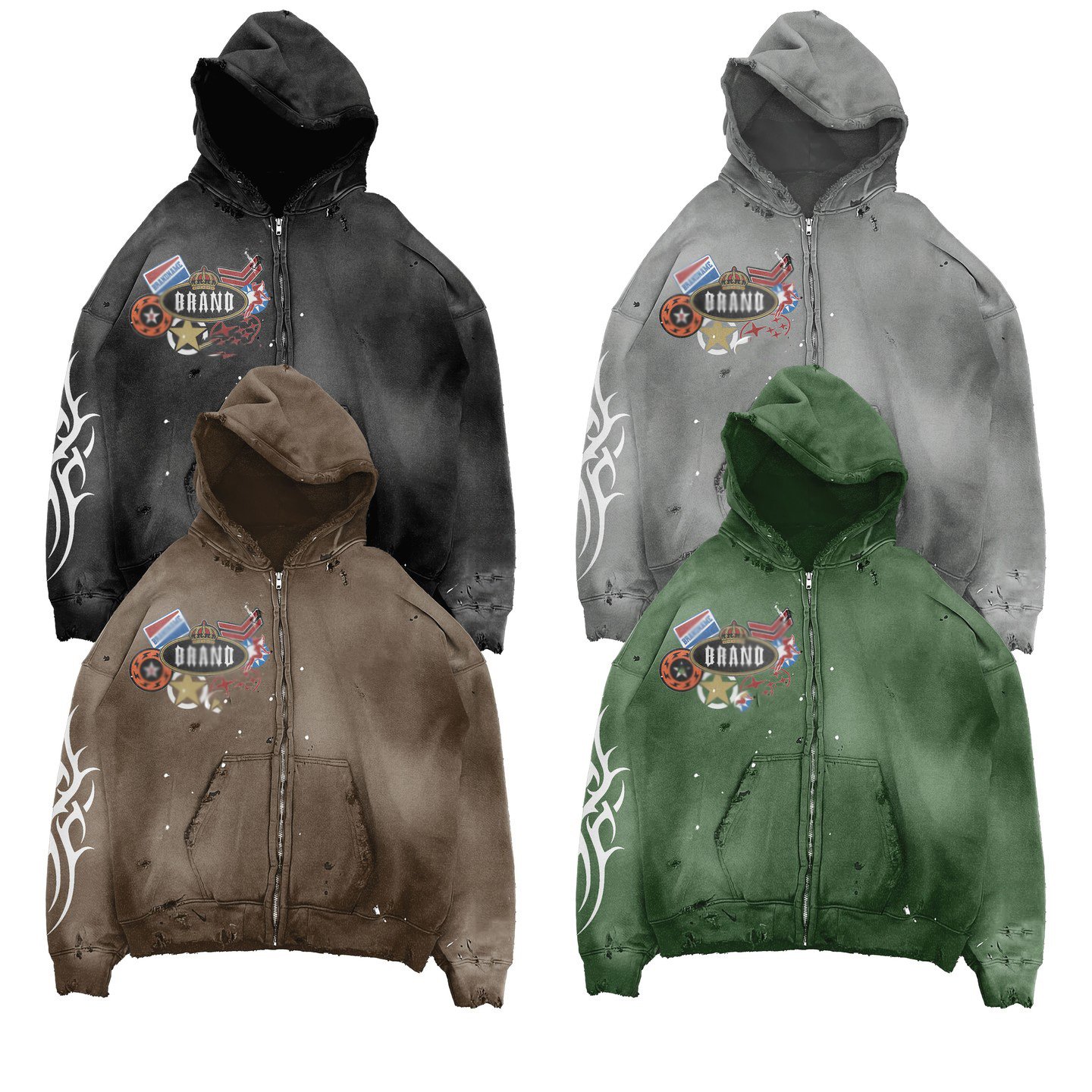 thermal Custom zip up 420 gsm boxy fit raw hem oversize sun faded hoodie distressed embroidery acid wash mens hoodies