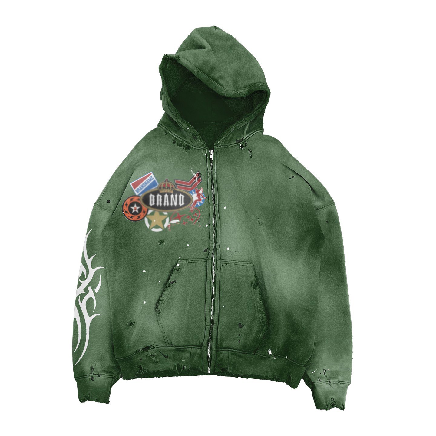 thermal Custom zip up 420 gsm boxy fit raw hem oversize sun faded hoodie distressed embroidery acid wash mens hoodies