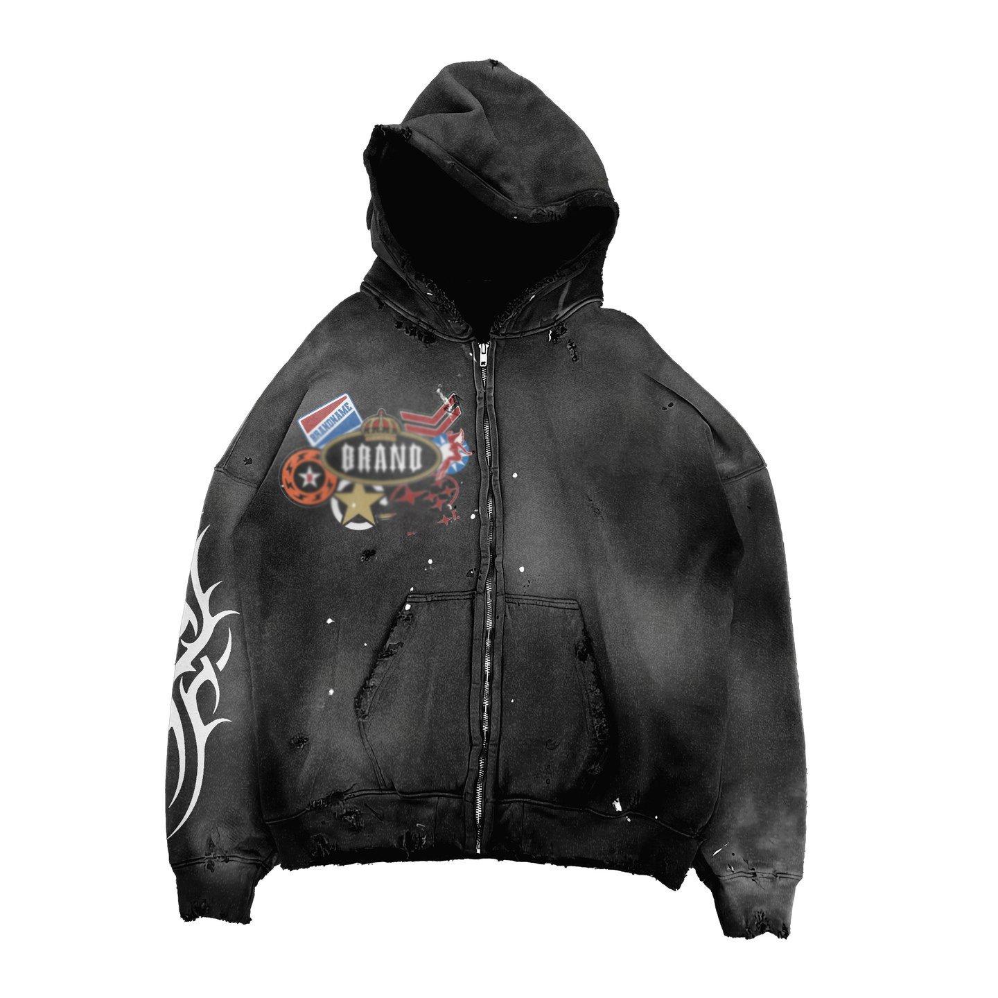 thermal Custom zip up 420 gsm boxy fit raw hem oversize sun faded hoodie distressed embroidery acid wash mens hoodies