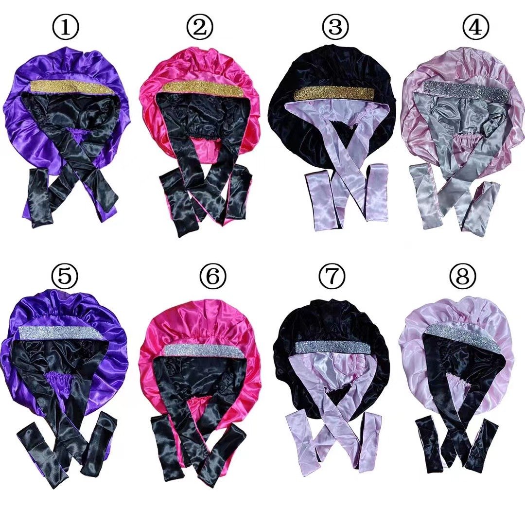 long tie rhinestone bonnets custom logo wholesale vendor silk bonnet sleep in bling bonnets and satin hair wraps