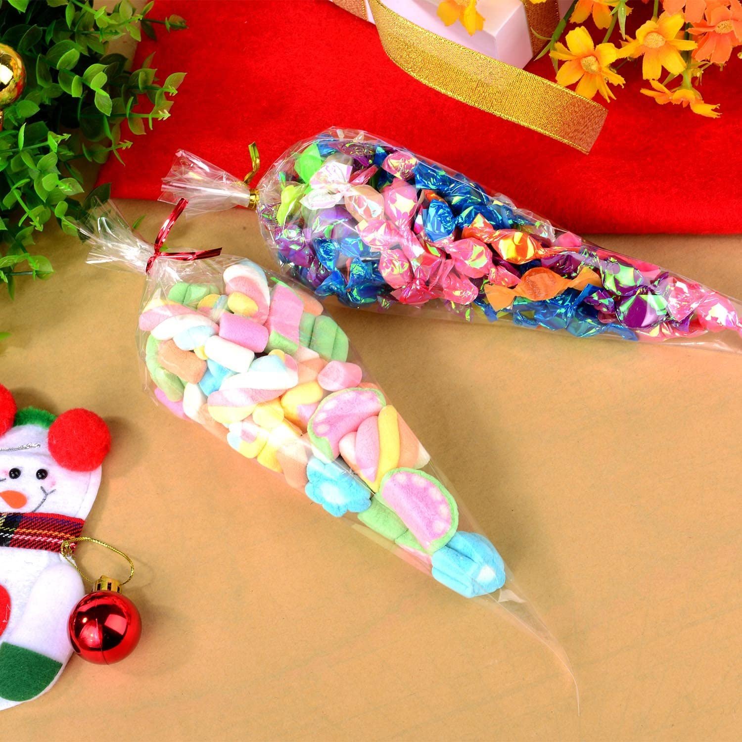 Clear Plastic Popcorn Cone Cellophane Shaped Treat Bags with Twist Ties for Party