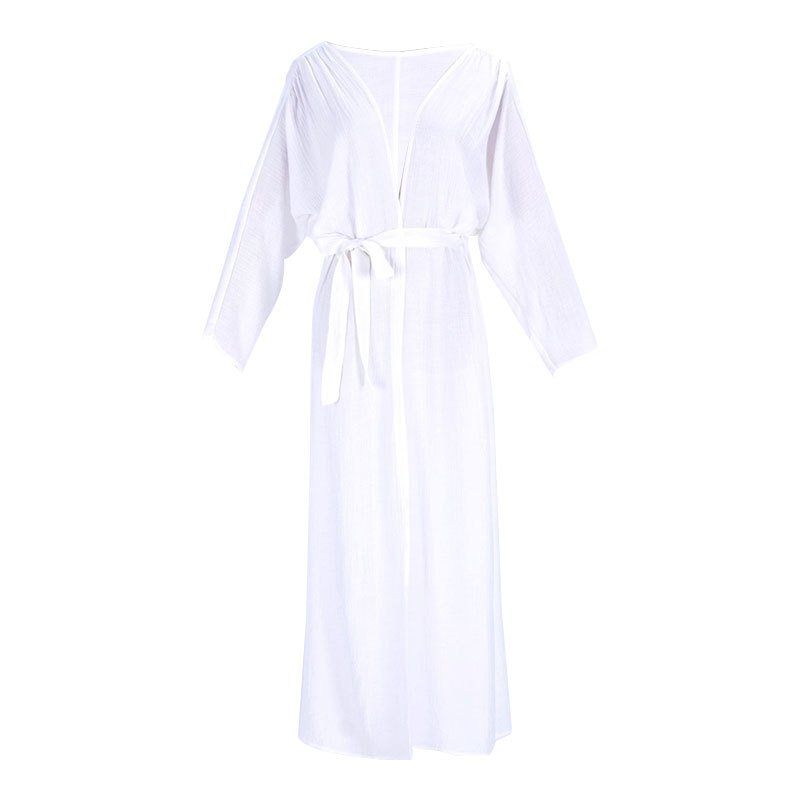 Solid Pattern White Crepe Long Sleeve Bathing Robe Plunge Neck Beach Bikini Cover Quick Dry 3-Piece Plus Size Set High Quality