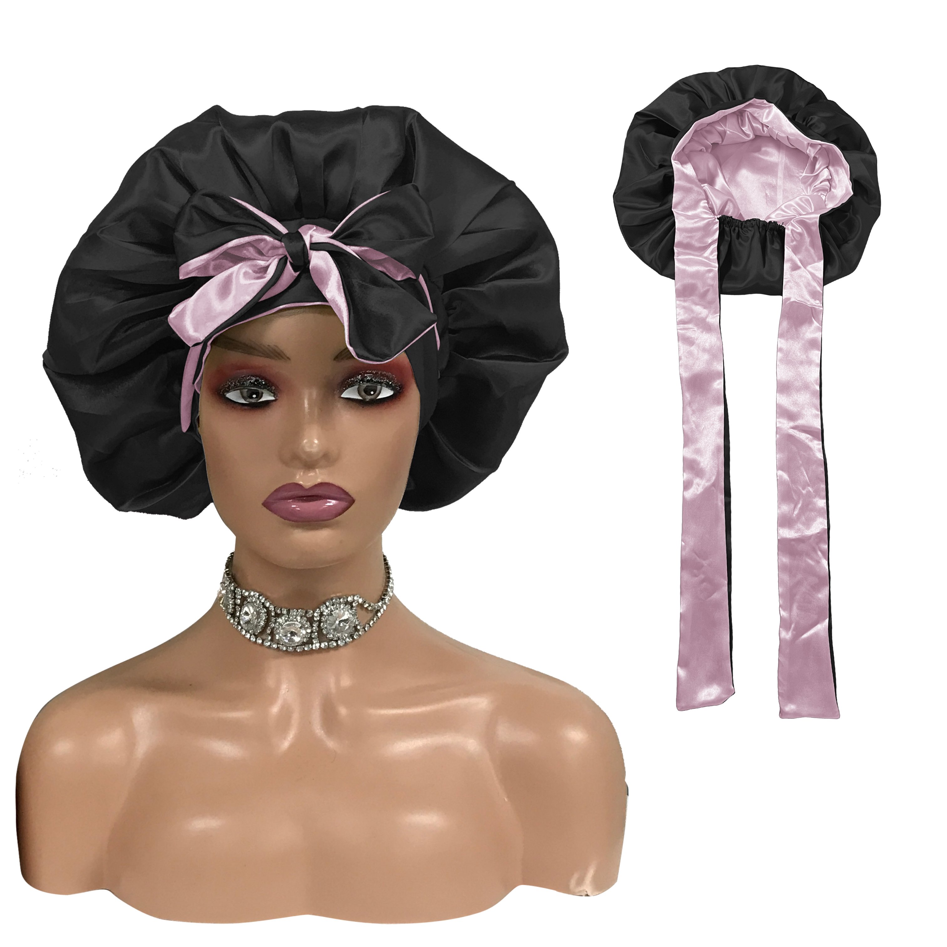 luxury Silk Women Custom logo bonnet with long head tie hairbands designer hair bonnets wholesale satin bonnet