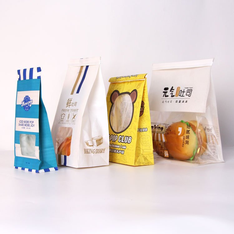 Take Away Food Packaging Brown Square Bottom Bakery Bread Cookie Biscuit Tin Tie Kraft Paper Treat Bag With Window