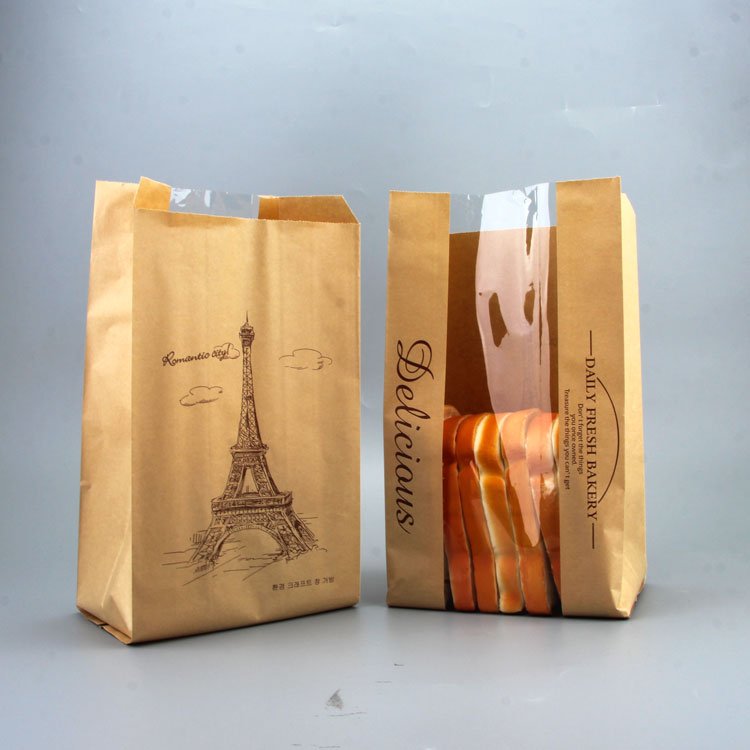 Take Away Food Packaging Brown Square Bottom Bakery Bread Cookie Biscuit Tin Tie Kraft Paper Treat Bag With Window