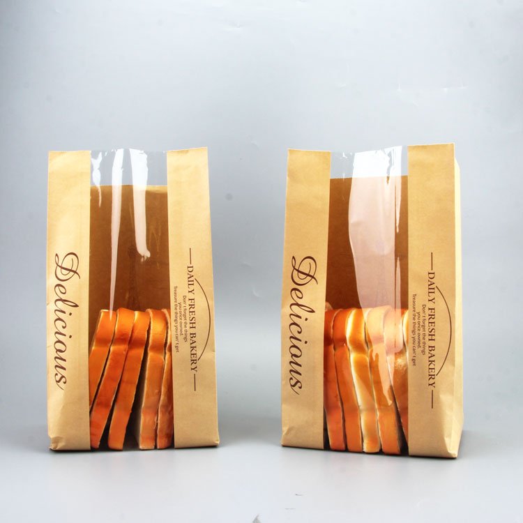 Take Away Food Packaging Brown Square Bottom Bakery Bread Cookie Biscuit Tin Tie Kraft Paper Treat Bag With Window