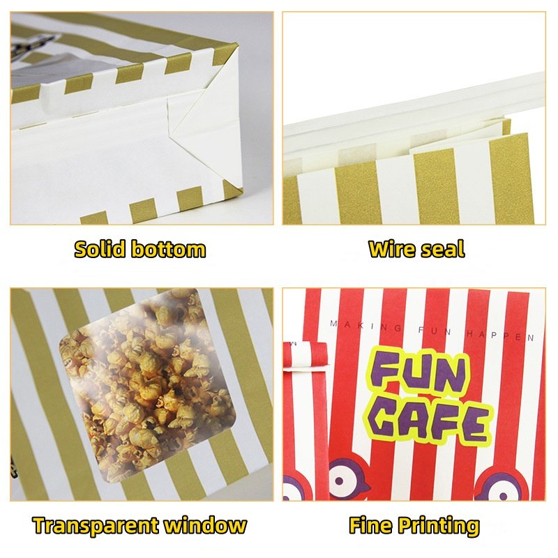 Eco friendly Custom LOGO Wire Seal Oil-proof Red Yellow Stripe Popcorn Paper Bag With Window For Carnival Themed Party Halloween