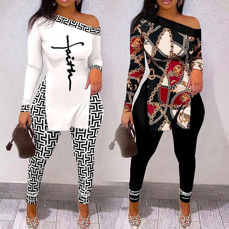 spring fall winter plus size women's clothing new print split hem ladies long sleeve t shirt top pants two piece women sets