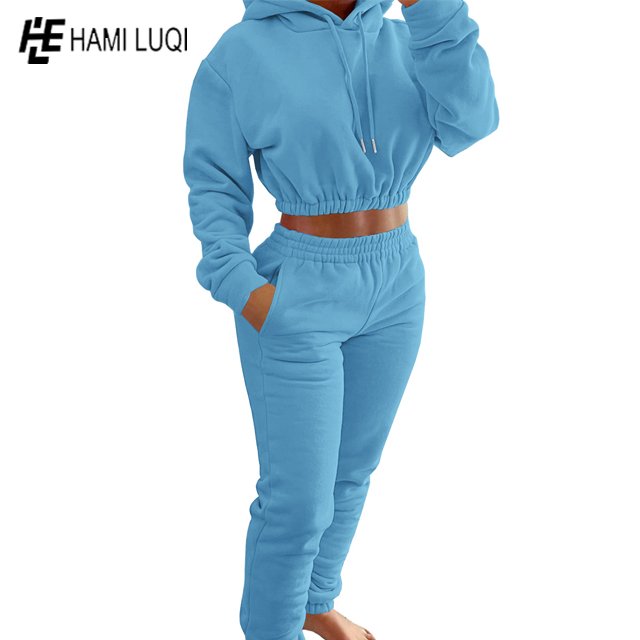 factory prices OEM Custom Womens Sexy 2 Pieces Solid Color Lace Up Hoodie Crop Top Joggers Pants Set Sports Casual Tracksuit set